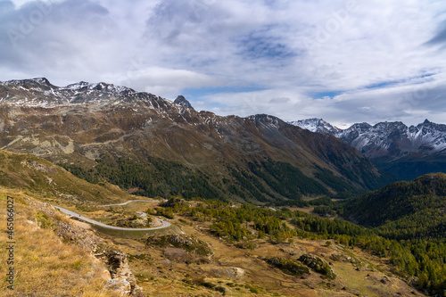 view of the winding mountain road over the Bernina pass into the Val Poschiavo in the southern Swiss Alp in late autumn © makasana photo