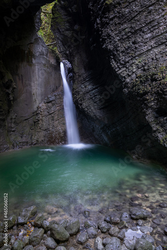 view of the Slap Kozjak waterfall in the Julian Alps of Slovenia
