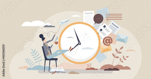 Procrastination and job duty delay or useless postpone tiny person concept. Lazy employee without productivity or effective work vector illustration. Unprofitable, distracted and bored office female.