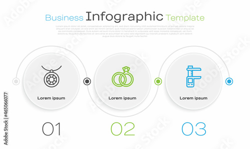 Set line Pendant on necklace, Wedding rings and Calliper or caliper and scale. Business infographic template. Vector