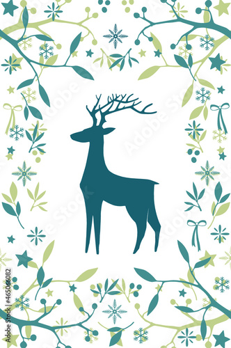 Vector Póster de navidad. Reno con marco de flores, hojas, ramas, lazos, copos de nieve y estrellas.