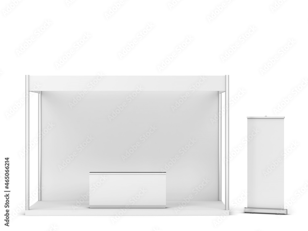 Blank tradeshow booth with counter and rollup banner Blank tradeshow booth with counter and rollup banner