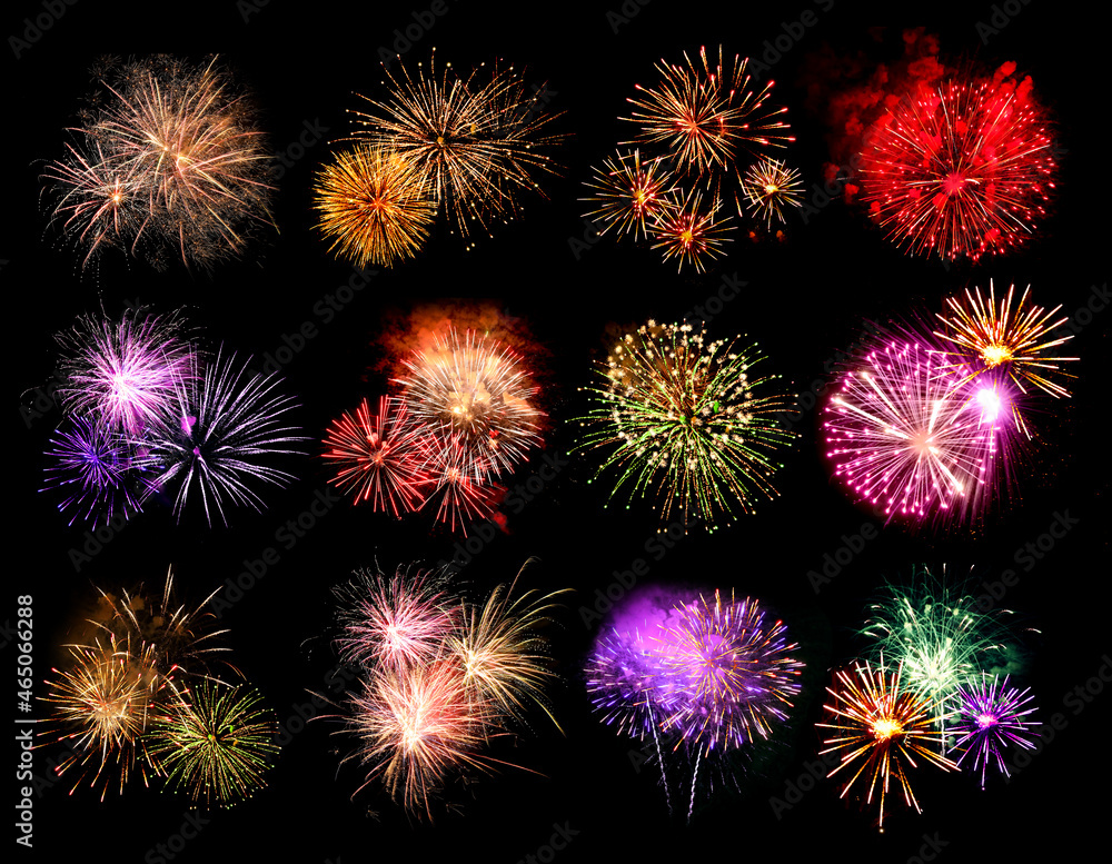 Beautiful bright fireworks on black background, collage