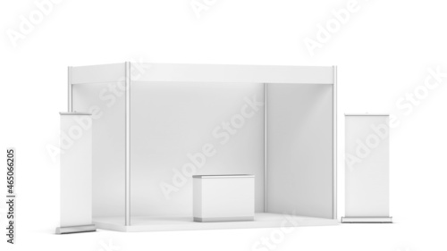 Blank tradeshow booth with counter and rollup banner