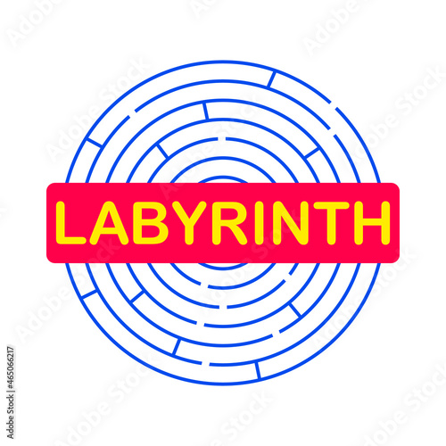 Banner ribbon and labyrinth text. Circular shape. Round maze. Vector editable template. Clipart and illustration on white background.