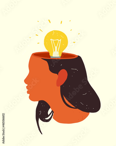 Female profile with with a light bulb in the head