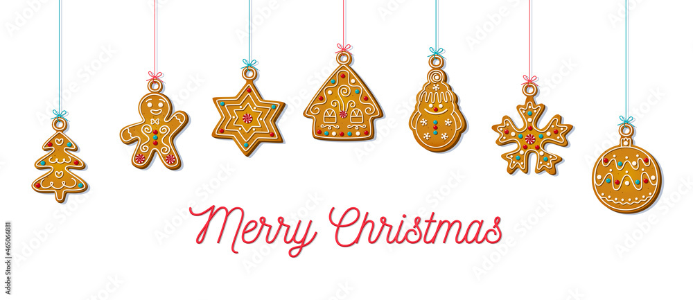 Naklejka premium Hanging Christmas cookies in cartoon style. Sweet biscuits in shape of gingerbread man and house, Christmas tree toy and snowman, star and snowflake isolated on white background. Vector illustration