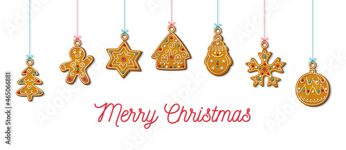 Hanging Christmas cookies in cartoon style. Sweet biscuits in shape of gingerbread man and house, Christmas tree toy and snowman, star and snowflake isolated on white background. Vector illustration