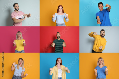 People pretending to drive car on different color backgrounds, collage