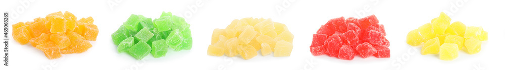 Set with tasty pieces of candied fruits on white background. Banner design Set with tasty pieces of candied fruits on white background. Banner design