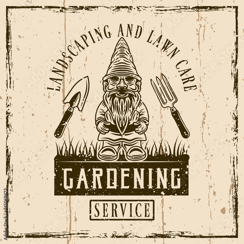 Gardening service vintage emblem, badge, label or logo with gnome statuette. Illustration on background with grunge textures and frame vector illustration