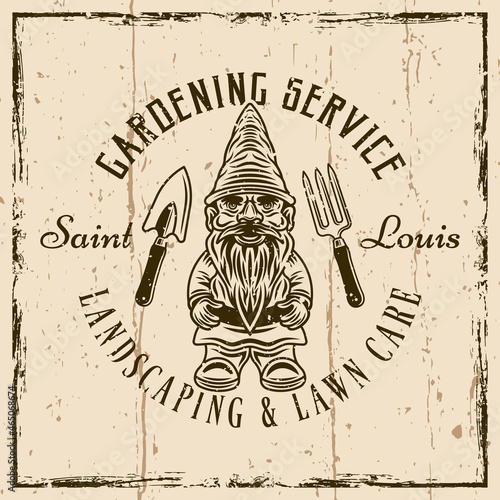 Landscaping and gardening service vintage emblem, badge, label or logo with gnome statuette. Illustration on background with grunge textures and frame vector illustration