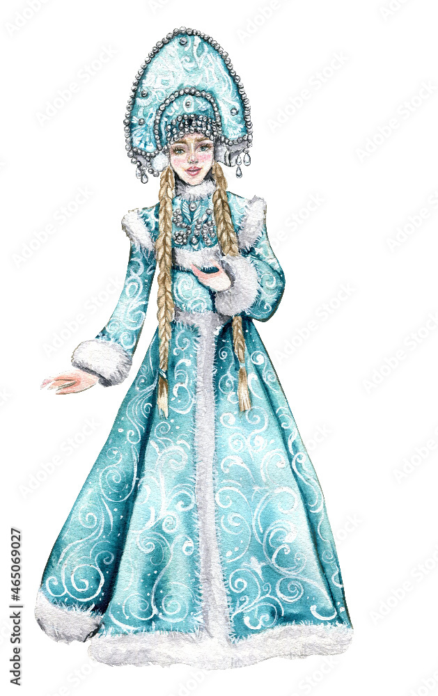 Watercolor Russian Snow Maiden Russian costume Folk dress