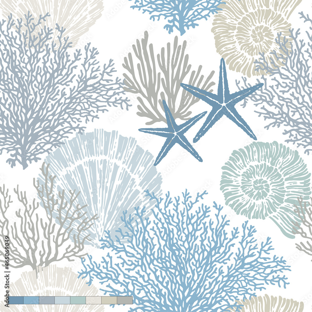 Marine vector hand drawn pattern with sea shells, stars, mollusk and coral. Perfect for textiles, wallpaper and prints.