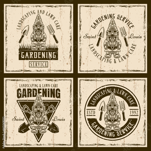 Gardening, landscaping and lawn care set of vector brown vintage emblems, badges, labels or logos with gnome statuette on background with removable grunge textures on separate layers