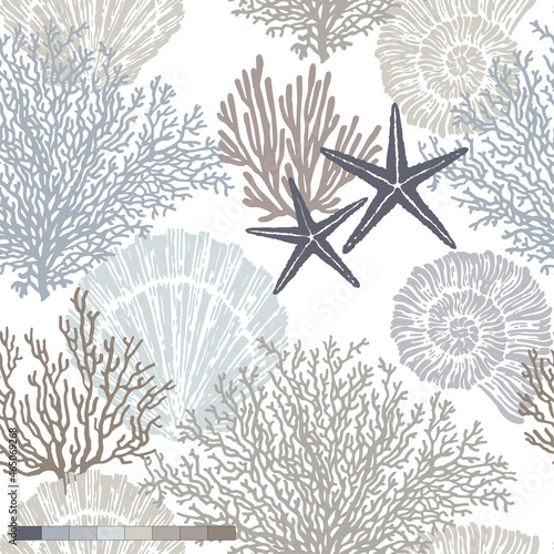 Marine vector hand drawn pattern with sea shells, stars, mollusk and coral. Perfect for textiles, wallpaper and prints.