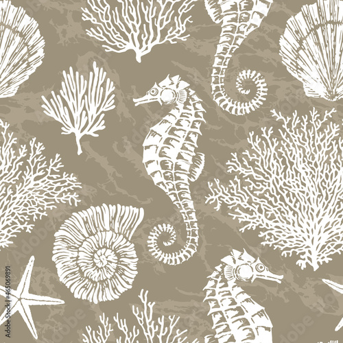 Marine vector hand drawn pattern with sea shells, stars, seahorse and coral. Highly detailed. Perfect for textiles, wallpaper and prints.