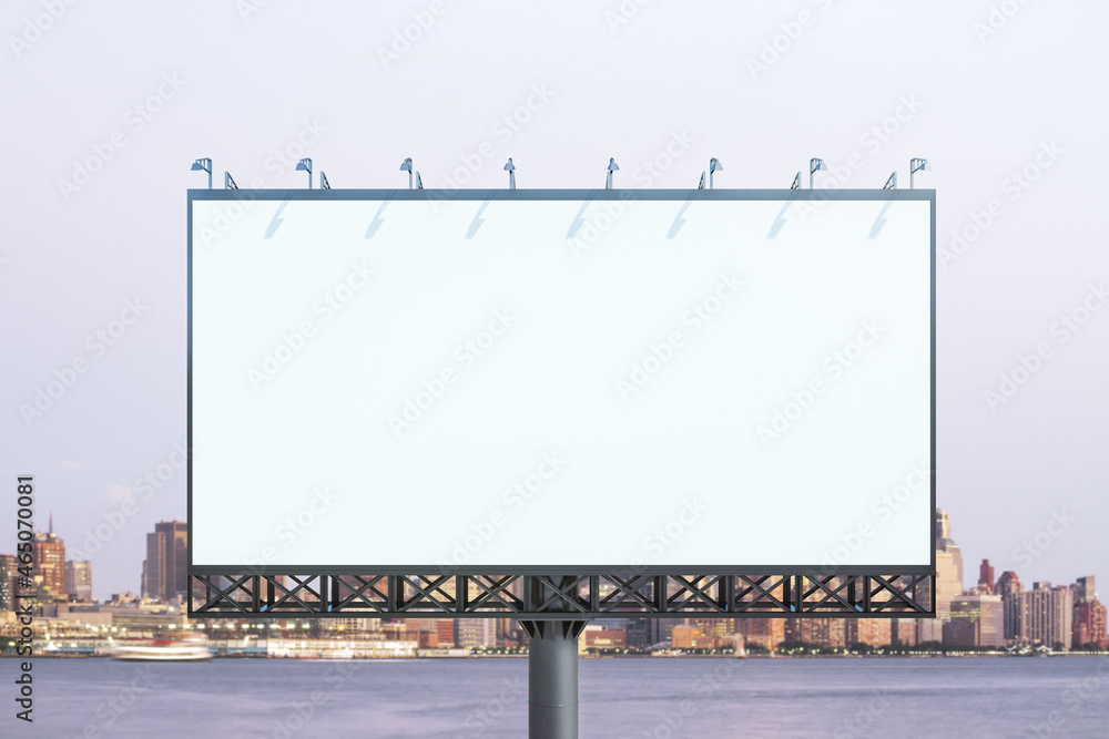 Blank white horizontal billboard on city buildings background at daytime, front view. Mockup, advertising concept Blank white horizontal billboard on city buildings background at daytime, front view. Mockup, advertising concept