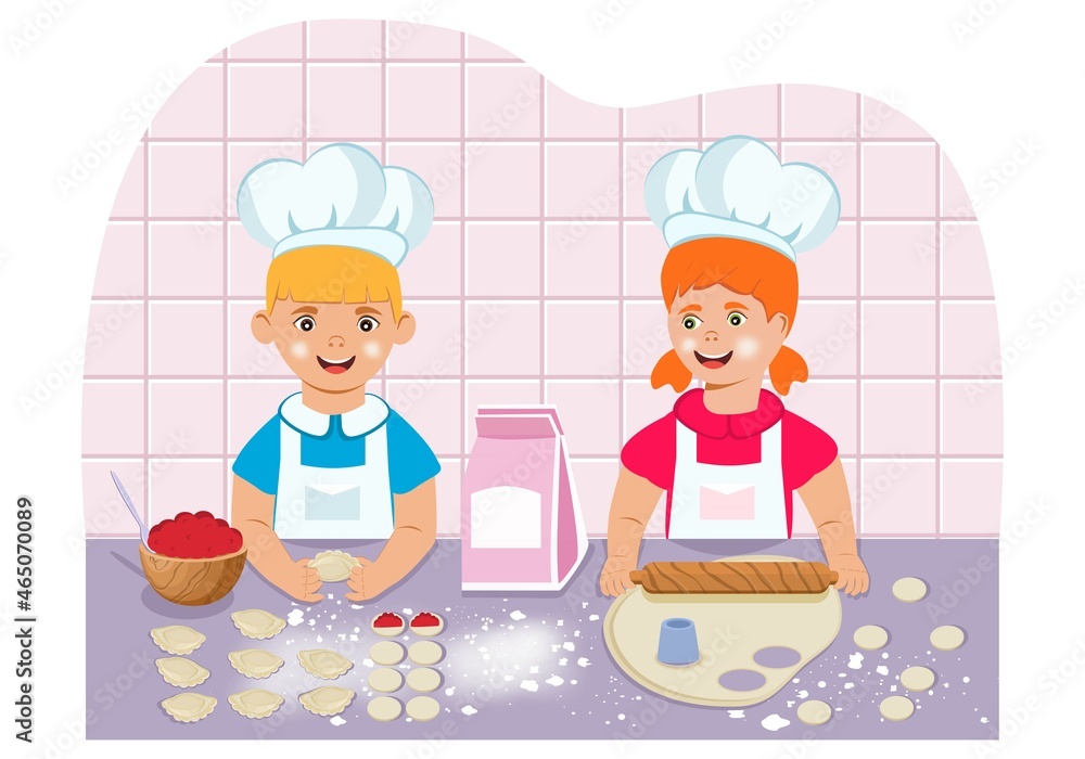 Children make dough from wheat flour. Flour dish with stuffing. Kitchen. Cooking. Hobbies. Housework. Education. Caricature. Vector. Flat style Children make dough from wheat flour. Flour dish with stuffing. Kitchen. Cooking. Hobbies. Housework. Education. Caricature. Vector. Flat style