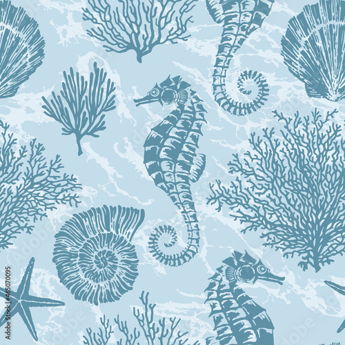 Wallpaper Mural Marine vector hand drawn pattern with sea shells, stars, seahorse and coral. Highly detailed. Perfect for textiles, wallpaper and prints. Torontodigital.ca