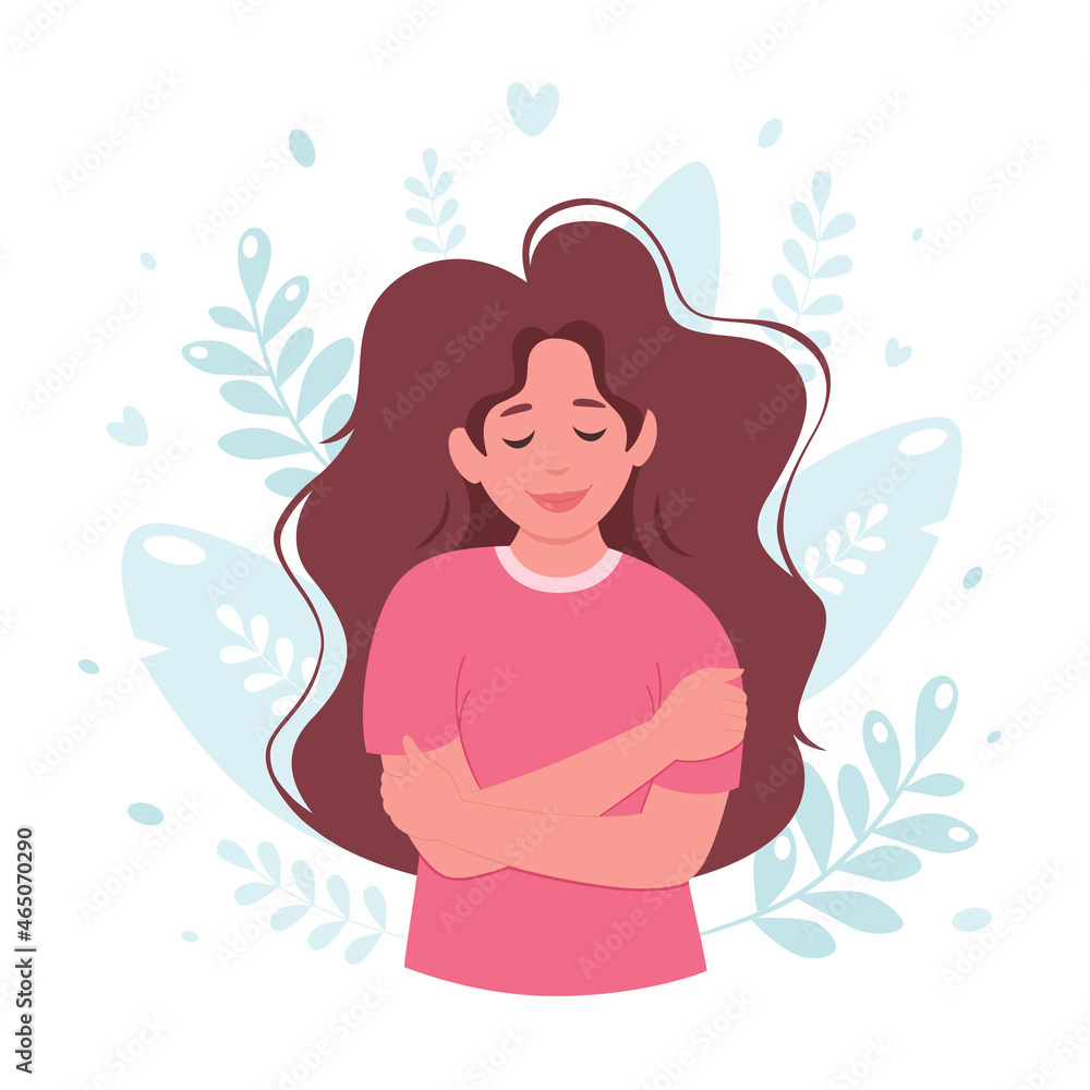 Love yourself concept. Woman hugging herself, self love, body positive. Vector illustration Love yourself concept. Woman hugging herself, self love, body positive. Vector illustration