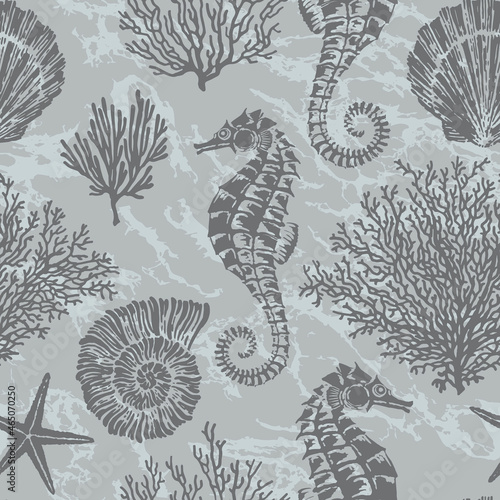 Marine vector hand drawn pattern with sea shells, stars, seahorse and coral. Highly detailed. Perfect for textiles, wallpaper and prints.