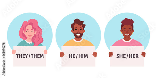 People holding sign with gender pronouns. She, he, they, non-binary. Gender-neutral movement. Vector illustration