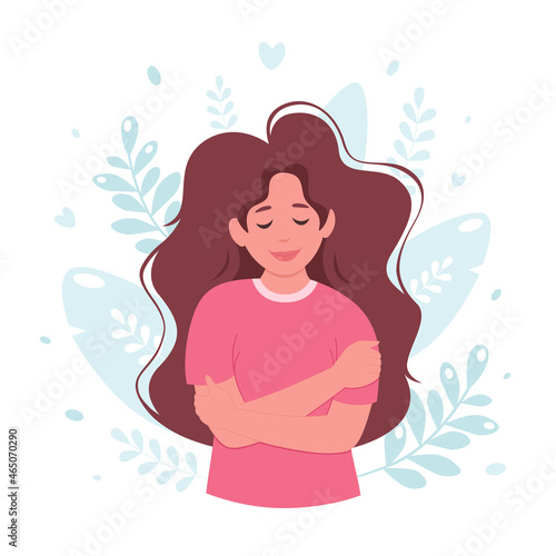 Love yourself concept. Woman hugging herself, self love, body positive. Vector illustration	