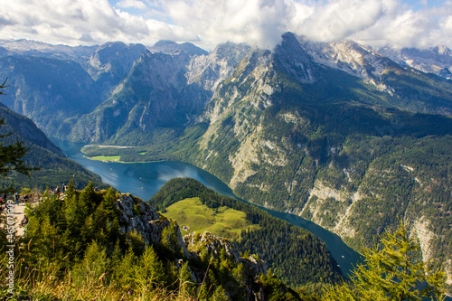 View on the Königssee taken from the Jenner mountain view platform on a cloudy but summer day, Berchtesgaden National Park, Germany photo