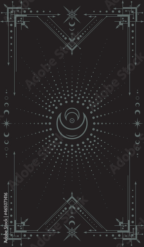 Vector mystical dark boho background with an ornate geometric frame including moon phases, crescents, stars and beams. Occult vertical banner with magical symbols. Cover for tarot cards