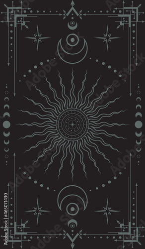 Vector mystical dark boho background with ornate outline geometric frame with moon phases, sun with concentric circles, crescents and stars. Occult vertical linear banner with moons and magical symbol