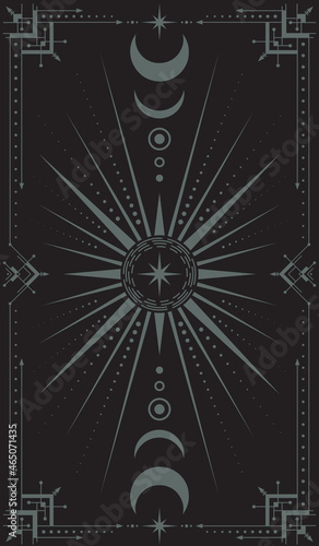 Vector magical dark background with an ornate geometric frame, moon phases, big star with concentric circles and pointed beams. Celestial mystical vertical banner with crescents and decorative border