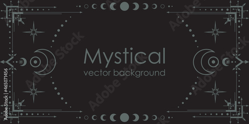 Dark boho background with a copy space. Mystical backdrop with an ornate geometric frame, outline crescents, linear stars and moon phases. Magical banner in black color with a place for text