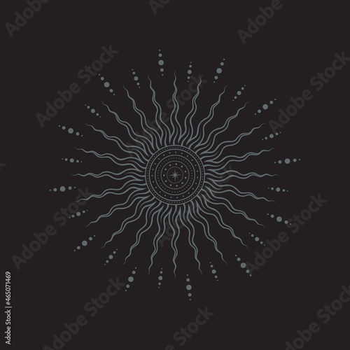 Fototapeta Naklejka Na Ścianę i Meble -  Sketch tattoo linear mystical sun with sinuous beams, concentric circles and points. Vector decorative outline magical illustration in boho style on a black background.
