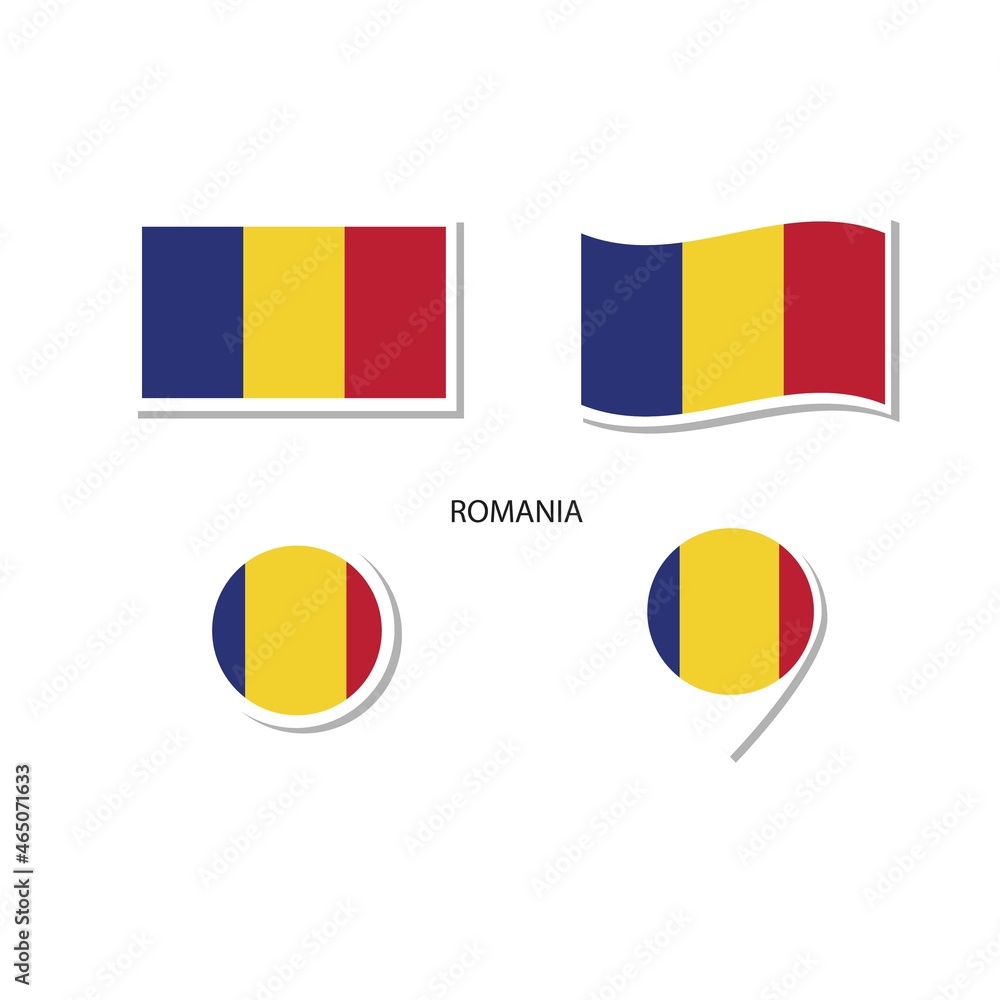 Fototapeta premium Romania flag logo icon set, rectangle flat icons, circular shape, marker with flags.