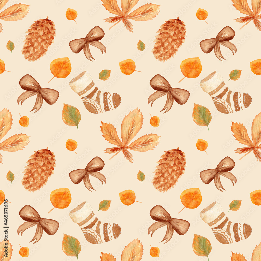 Autumn seamless watercolor pattern. Cozy pattern with various elements, leaves, socks, bow and pine cone in warm shades