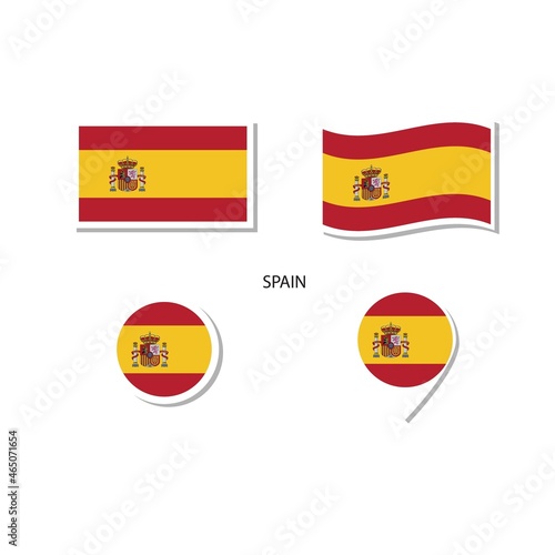 Spain flag logo icon set, rectangle flat icons, circular shape, marker with flags.