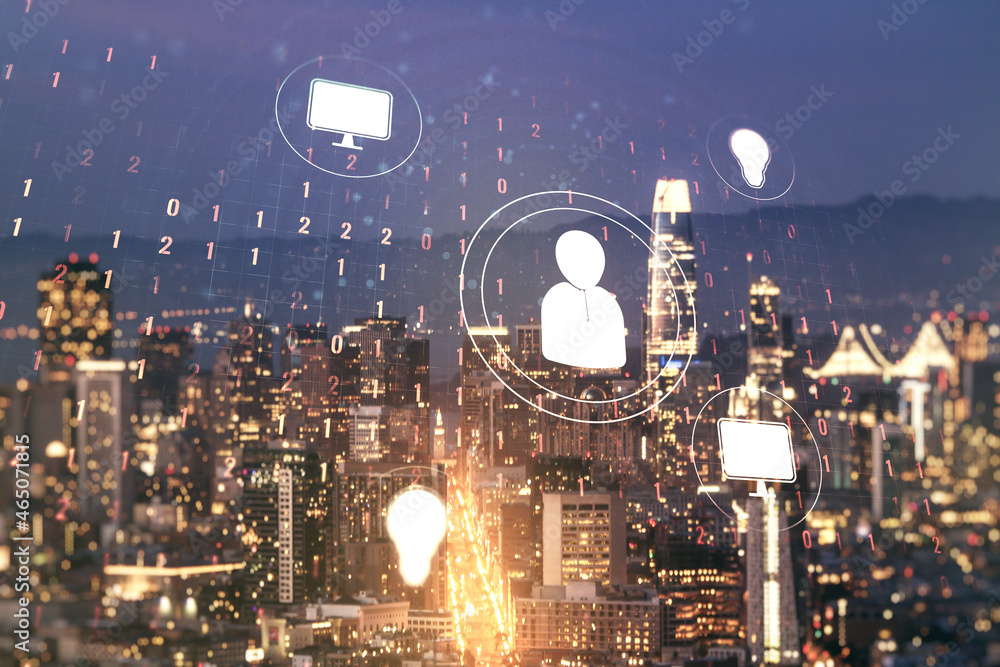 Double exposure of abstract virtual social network icons on San Francisco city skyscrapers background. Marketing and promotion concept Double exposure of abstract virtual social network icons on San Francisco city skyscrapers background. Marketing and promotion concept