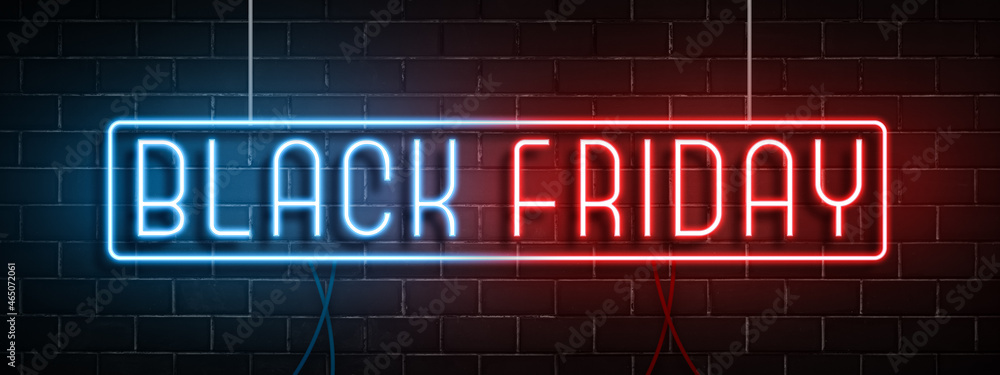 Black Friday Sale template in neon style. Colorful black Friday neon light banner. Black Friday sale. Black Friday neon sign on wall background. Glowing neon text.
