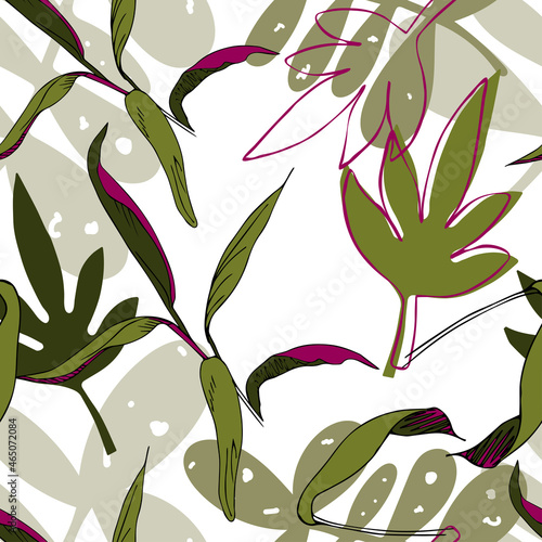 Vector seamless pattern with tropical leaves, hand-drawn cordilin leaves, doodle style, quick sketch. Design for textile, fabric, background backdrop. photo