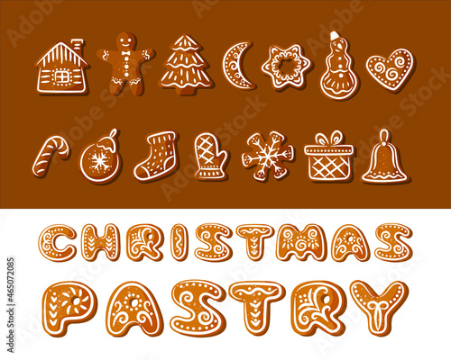 Christmas pastries. Gingerbread letters and figures painted with white glaze.