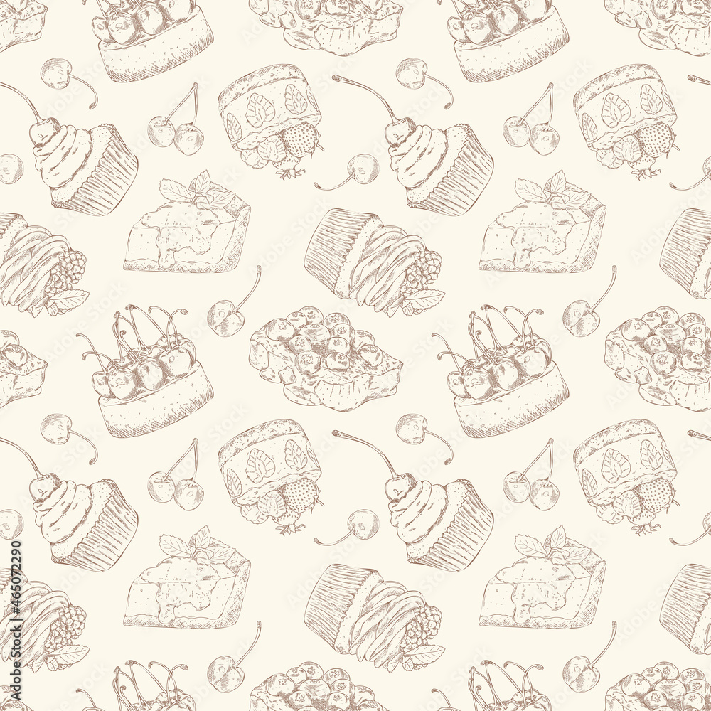 Vector seamless pattern with hand drawn outline cheesecake and cupcake with fresh berries.