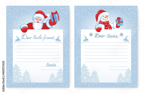 Set Christmas letters for Santa Claus and letter from Santa. Layout wish list to Santa Claus with funny Snowman with gift box.