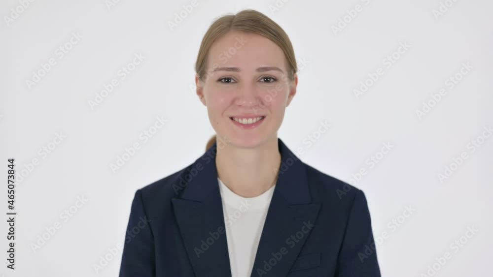 Young Businesswoman Pointing at Camera, Inviting on White Background Young Businesswoman Pointing at Camera, Inviting on White Background