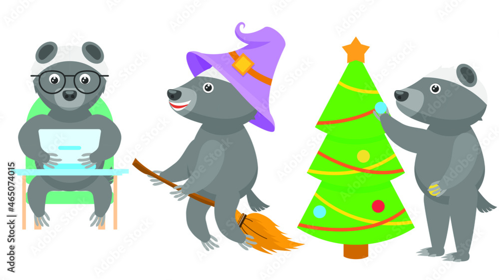 Obraz premium Set Abstract Collection Flat Cartoon Different Animal Honey Badgers Decorates The Christmas Tree, Flying On A Broomstick Wearing A Hat, Working On A Laptop Vector Design Style Elements Fauna Wildlife