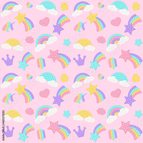 Popit background with a fashionable silicon fidget toys. Addictive anti-stress toy in pastel colors. Bubble popit background with rainbow, star. Vector illustration on pink background.