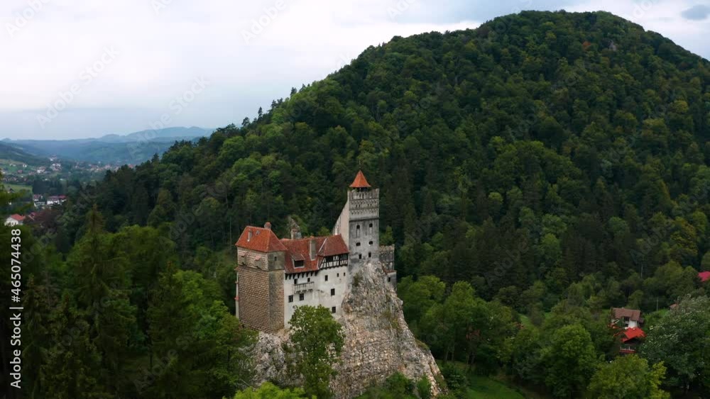 Aerial view of Bran Castle at sunset. Dracula's castle in Transylvania, Romania Aerial view of Bran Castle at sunset. Dracula's castle in Transylvania, Romania