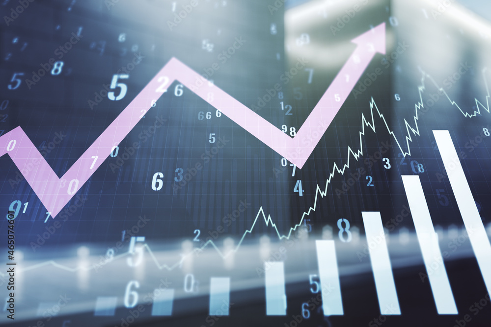 Naklejka premium Abstract virtual financial graph hologram and upward arrow on blurry modern office building background, forex and investment concept. Multiexposure
