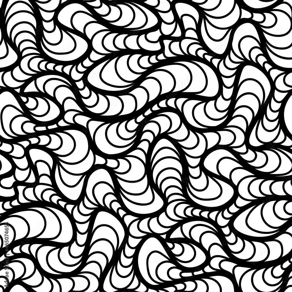 Fototapeta premium Abstract vector seamless floral background of doodle hand drawn lines. Monochrome wave pattern. Coloring book page. Black white wallpaper.