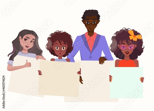 meeting of people with placard man and woman boy and girl